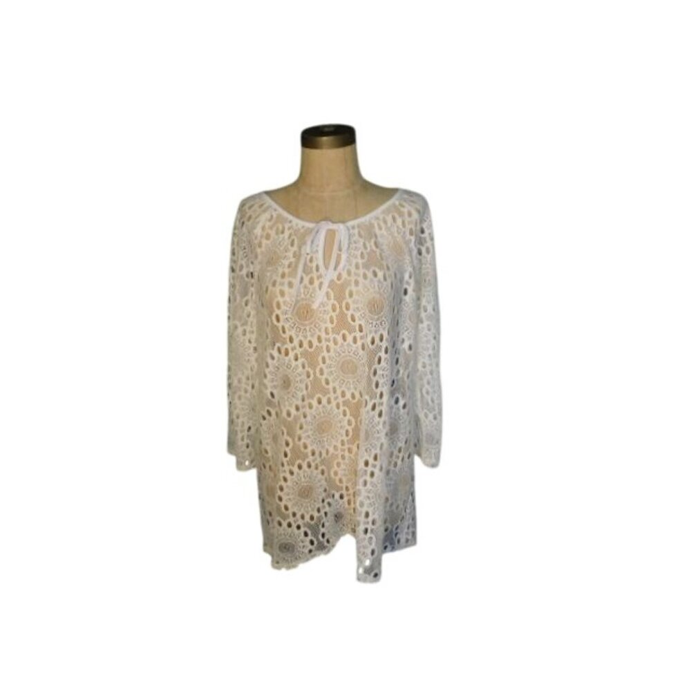 Peck & Peck Size XL White Semi Sheer Eyelet Keyhole Neckline Top